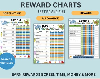 Ocean Animals Chore Charts Editable Allowance Tracker Kids Earn Money Chart Screen Time Chart Daily Weekly Allowance Chore Chart Money Chart