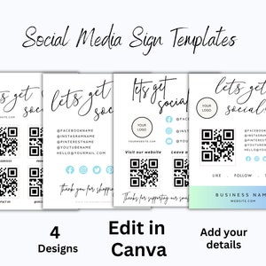 Social Media Sign Template QR Code Sign Editable Small Business Sign Printable Instagram Facebook Follow Us Sign Leave us a Review Sign 画像 1