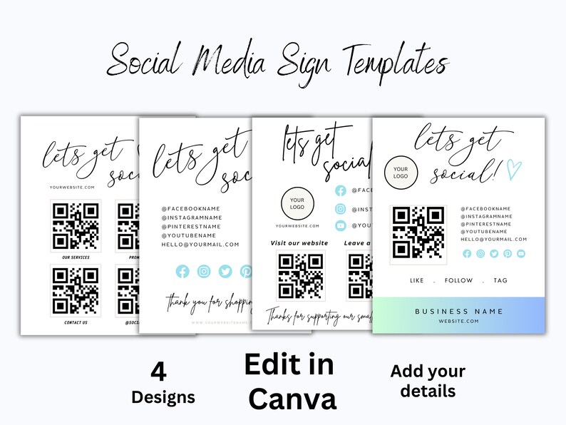 Social Media Sign Template QR Code Sign Editable Small Business Sign Printable Instagram Facebook Follow Us Sign Leave us a Review Sign 画像 1