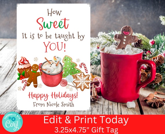 Christmas Teacher Gift Tag Template, How Sweet It Is To Be Taught By You, Instant Download, Printable Holiday Teacher Appreciation Favor Tag Il_570xn