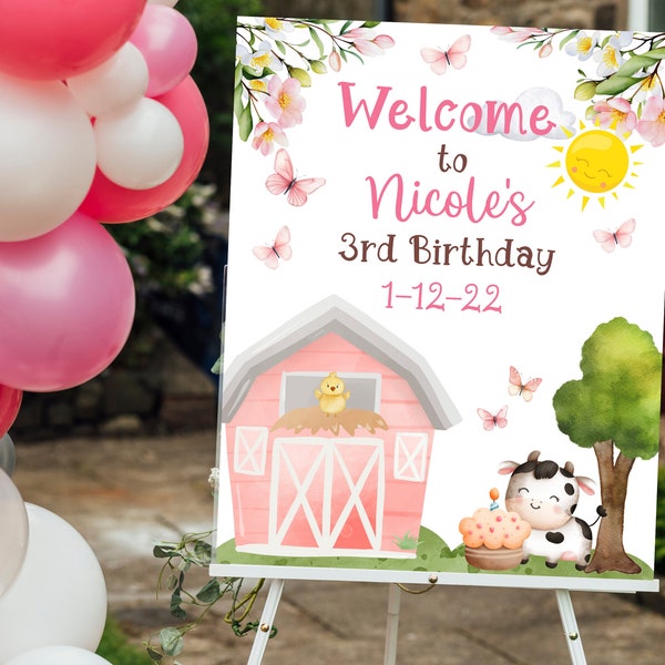 Editable Cow Birthday Welcome Sign Girl Barnyard Birthday Pink Cow Animals Birthday Sign Cow Theme Party Sign Pink Girl Cow Party Sign