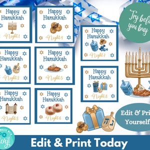 Étiquette-cadeau Hanoucca modèle modifiable Hanoucca joyeux fête des fêtes juive étiquette de Hanoucca imprimable Menorah présent étiquette étiquette de cadeau de vacances