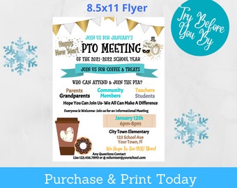 Editable PTO January Meeting PTA Meeting Winter PTO Meeting Informational Printable Handout School Fundraiser Event Volunteer Handout Flyer