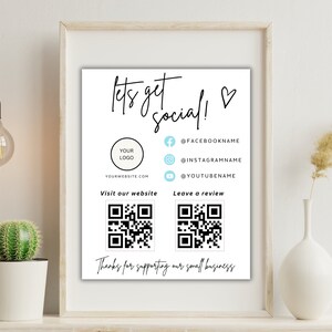 Social Media Sign Template QR Code Sign Editable Small Business Sign Printable Instagram Facebook Follow Us Sign Leave us a Review Sign 画像 2