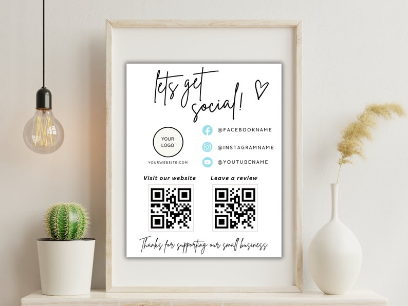 Social Media Sign Template QR Code Sign Editable Small Business Sign Printable Instagram Facebook Follow Us Sign Leave us a Review Sign 画像 2