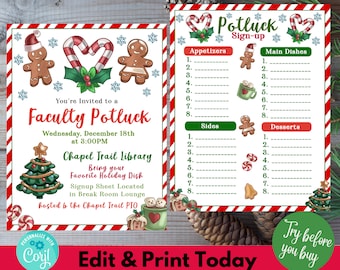 Holiday Faculty Potluck Invitation, Christmas Lunch Potluck Sign Up Teacher Staff, School Event Company Dinner Work Party Printable DIY