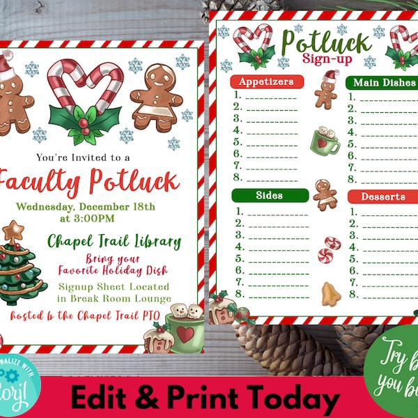 Holiday Faculty Potluck Invitation, Christmas Lunch Potluck Sign Up Teacher Staff, School Event Company Dinner Work Party Printable DIY