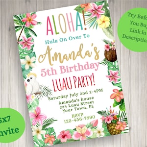 Luau Invitation EDITABLE Aloha Luau Birthday Party Luau Birthday Invitation Luau BirthdayParty Tropical INSTANT DOWNLOAD