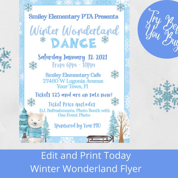 Christmas School Dance Flyer Winter School Dance Flyer Holiday Winter Wonderland Dance Flyer Christmas Community Center Fundraiser Event