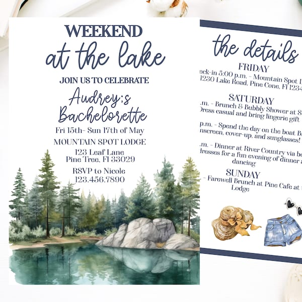 Lake Bachelorette Party Invitation Lake House Invitation Itinerary Lake Weekend Invite Editable Template Lake Hens Party Bridal Shower