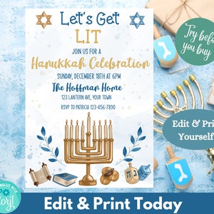 Menorah Invitation Hanukkah Celebration Invitation Bougie Éclairage Hanukkah Party Modèle d’invitation numérique Modifiable Imprimable Événement juif
