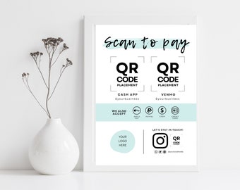 QR Code Sign Template Editable Scan to Pay Card Editable Canva Template CashApp PayPal Sign for Small Business Venmo Payment Printable