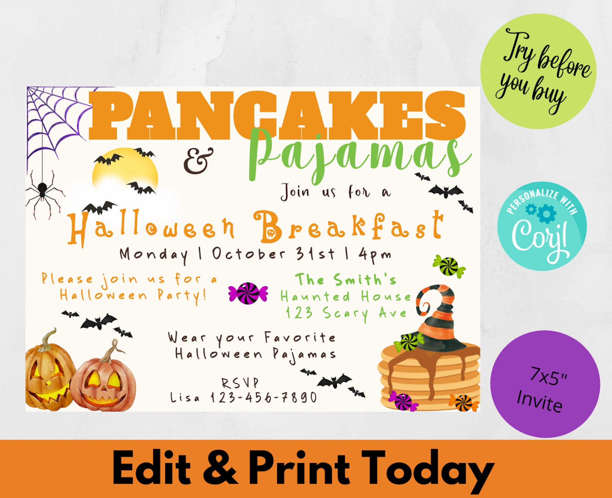 Halloween Pancakes and Pajamas Party Invitation Editable Birthday