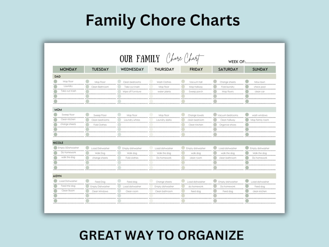 Editable Family Chore Chart Printable Weekly Chore List Kids Adults