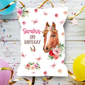 Caballo cumpleaños chip bolsa vaquera fiesta decoración niña pony cumpleaños ensillar rosa floral caballo snack favorece digital Corjl plantilla editable