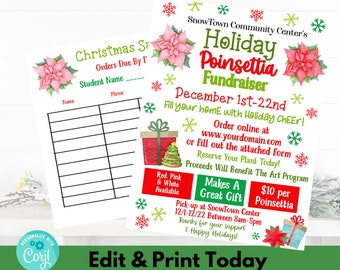 Poinsettia Fundraiser Flyer, Christmas School Church Pto Pta, Editable Template,Holiday Plant Flower Sale, Xmas Shopping, DIY Self-Editing