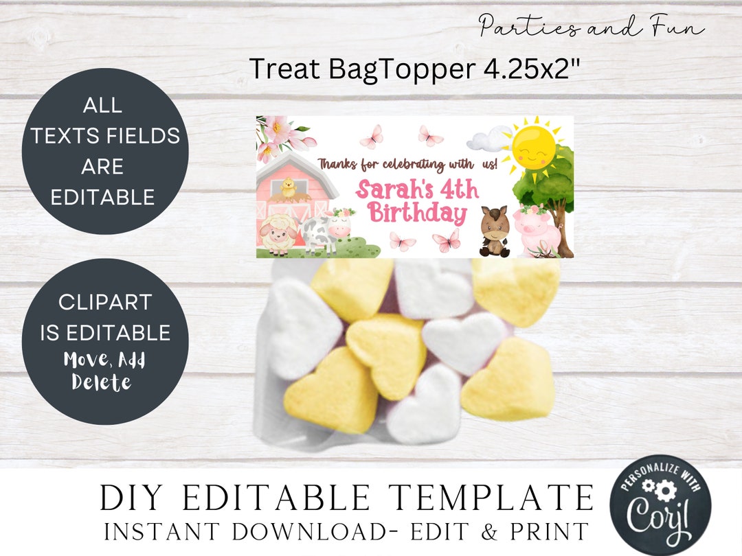 Editable Farm Animals Treat Bag Toppers Farm Birthday Thank You ...