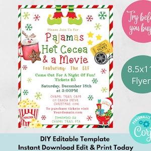 Invitación a la noche de cine de Navidad, invitación de vacaciones para niños, evento de Pto Pta de la iglesia de la escuela, plantilla editable de fiesta de invierno, evento de fiesta de noche de cine imagen 1