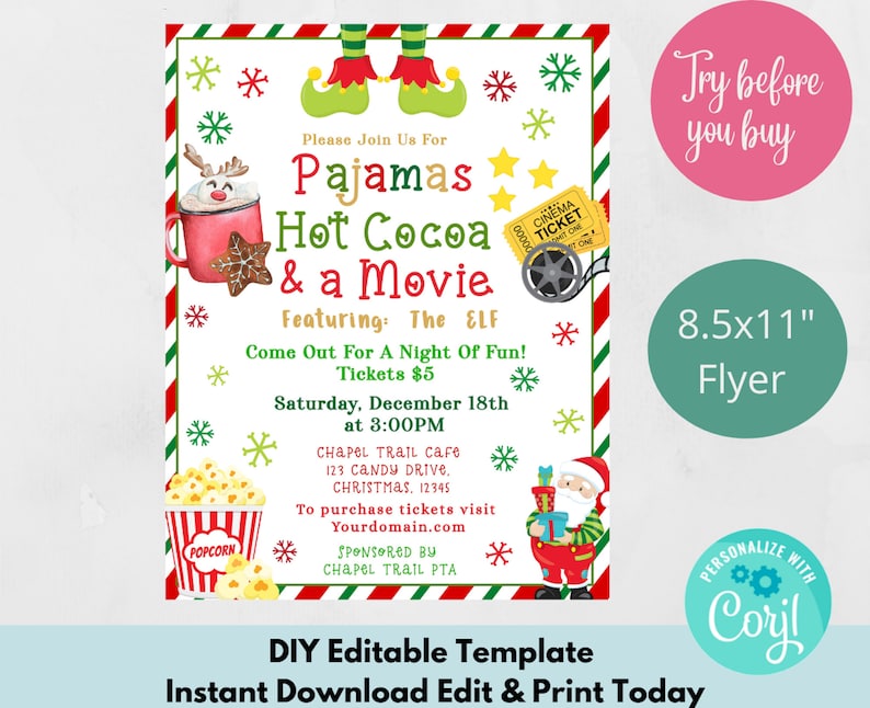 Christmas Movie Night Invitation, Kids Holiday Invite School Church Pto Pta Event, Winter Party Editable Template, Movie Night Party Event image 1