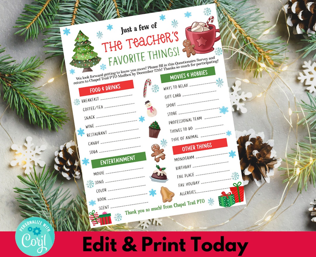 Teacher Holiday Wish List Christmas Teacher Favorites Survey Teacher Gift Exchange All About My