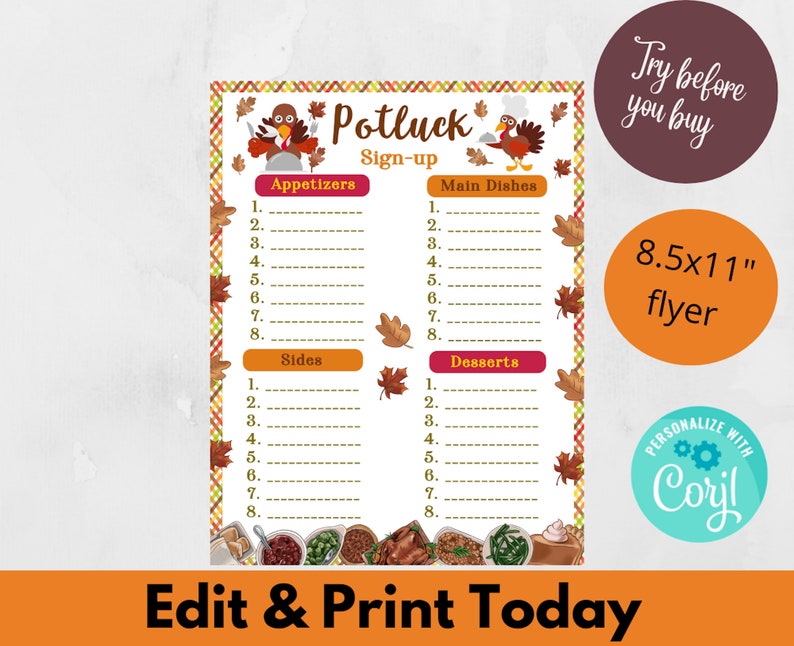 Editable Thanksgiving Potluck Signup Sheet Thanksgiving Etsy