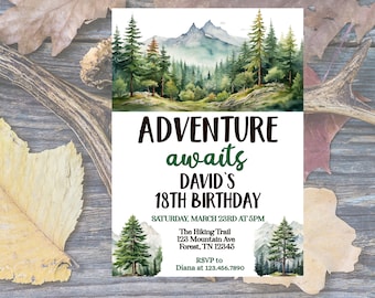 Editable Adventure Awaits Birthday Invitation Woodland Mountain Birthday Party Wilderness Theme invitation Invite Template