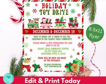 Holiday Christmas Toy Drive Flyer Holiday Toy Drive Flyer PTA PTO Fundraiser Flyer School Church Christmas Fundraiser Template Holiday Flyer