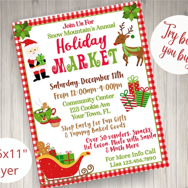 Holiday Market Fundraiser Flyer School Christmas Market Flyer Craft Fair Christmas Church School Event Flyer Community Center Fundraiser