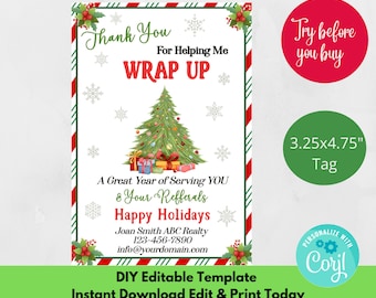 BEWERKBARE Kerstmakelaar Inpakpapier pop-by cadeaulabel voor klanten, bedankt voor je hulp bij het inpakken van een geweldig jaar vakantiemarketingcadeaus