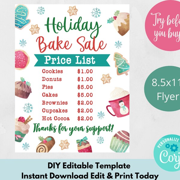 Christmas Bake Sale Editable Price List, Instant Download Holiday Bake Sale Sign, School Church Community Fundraiser Event Template