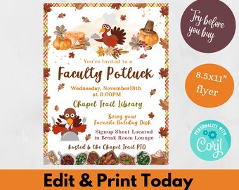 Thanksgiving Faculty Potluck Invitation, Fall Autumn Event Invite, School Teacher Staff, Company Work Party Printable DIY EDITABLE TEMPLATE