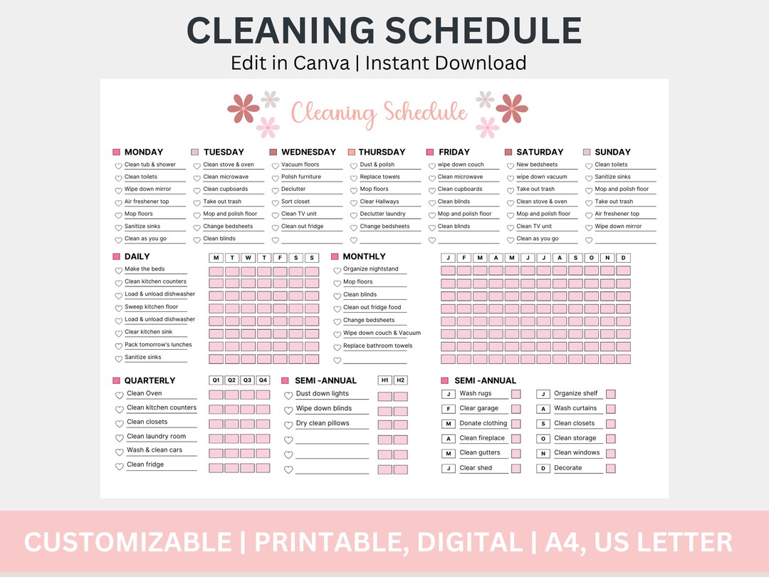 EDITABLE Cleaning Schedule Printable Weekly Monthly Yearly Cleaning ...