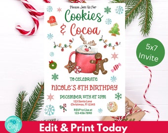 Cookies and Cocoa Christmas Party Invitation EDITABLE Template. Cute Kids Hot Chocolate Party Digital Invite. Personalised Printable