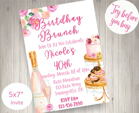 Birthday Brunch Invitation Template Adult Birthday Party Invitation ...