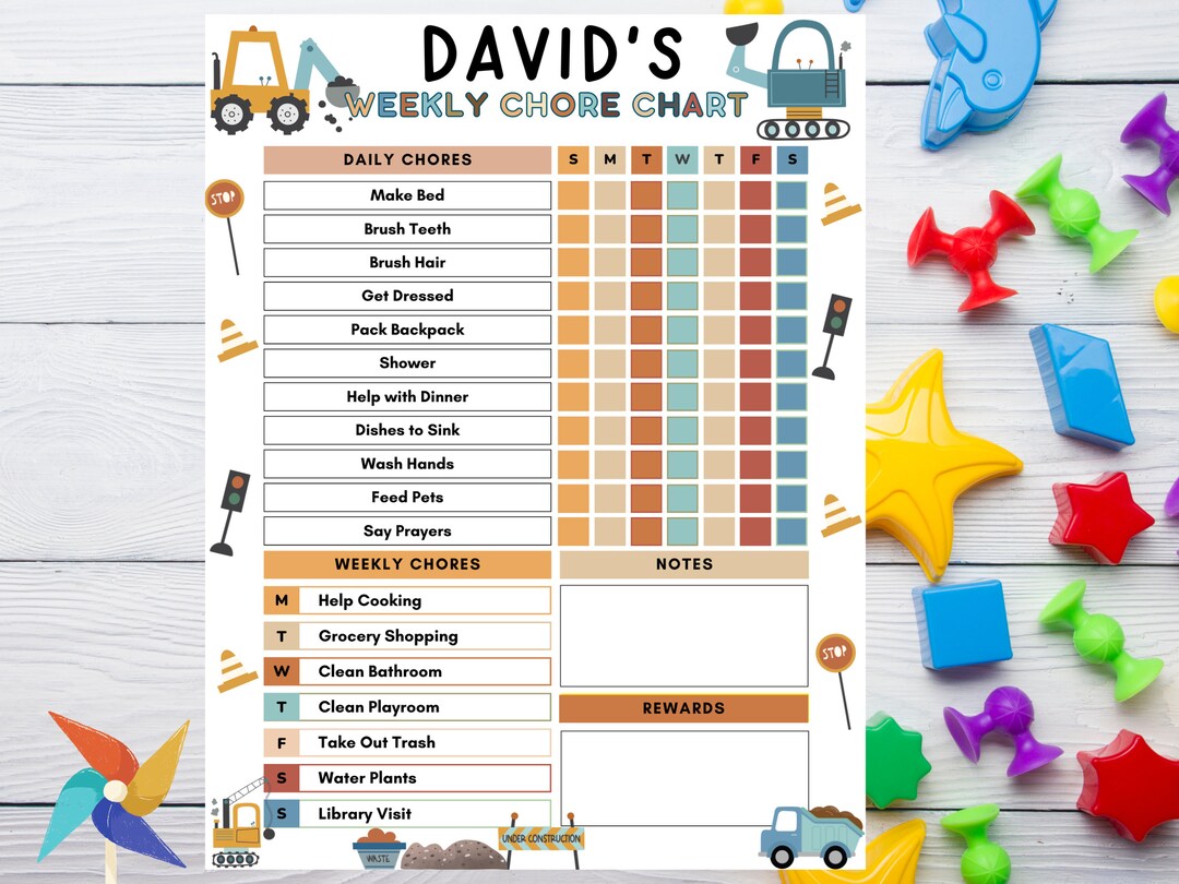 Construction Chore Chart for Kids Printable Kids Daily Weekly ...