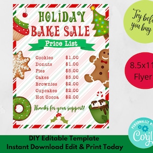 Weihnachtsbäckerei-Menüvorlage, bearbeitbarer Urlaubspreis-Flyer, sofortiger Download, Preisliste für Backmarketing, Bäckerei-Spendenaktion