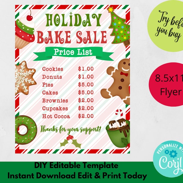 Christmas Bakery Menu Template, Editable Holiday Treat Pricing Flyer, Instant Download, Price List For Baking Marketing, Bakery Fundraiser