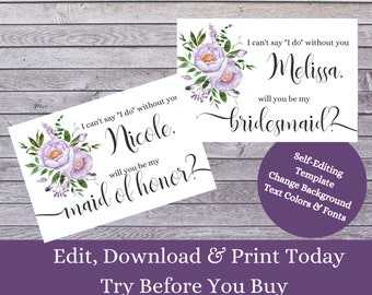 Purple Flower Will You Be My Bridesmaid Card Bridesmaid Proposal Card Greenery Bridal Proposal Maid of Honor Proposal Note Card Download