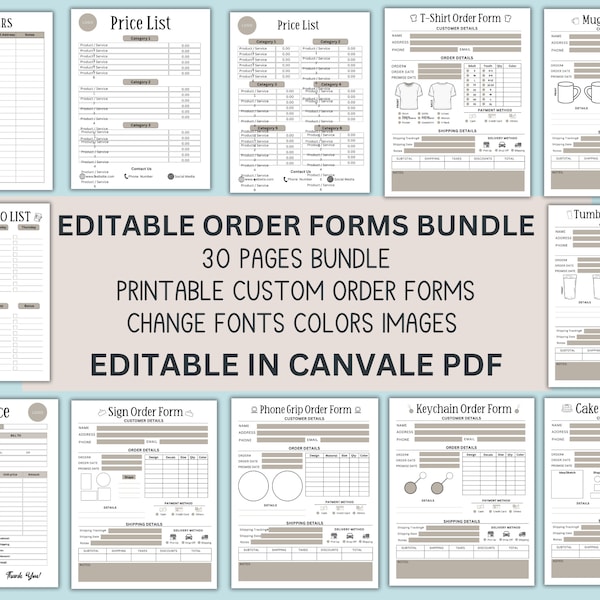 Editable Order Forms Bundle Tshirt Tumbler Invoice Template Editable Canva Template Printable Small Business Forms Custom Order Form