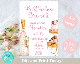 Brunch Invitation Template Adult Birthday Brunch Party Invitation Birthday Invitations Blush Pink Floral Editable Text Engagement Party