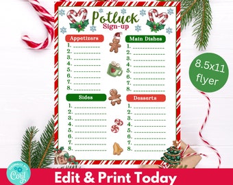 Editable Holiday Office Potluck, Christmas Potluck Sign-Up Sheet, Company Potluck, Instant Download, Festive Holly Holiday Potluck Sign-up