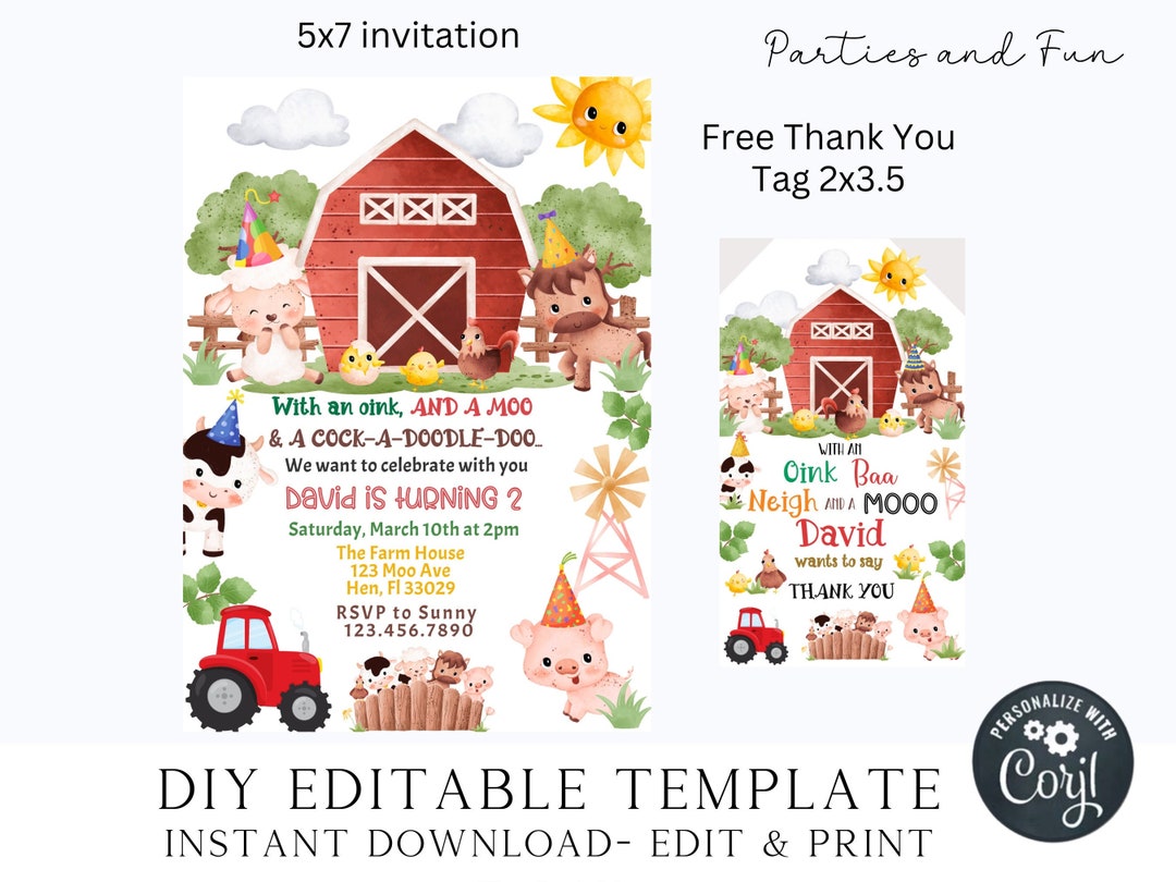 Editable Farm Animals Birthday Invitation Boy Farm Barnyard First ...