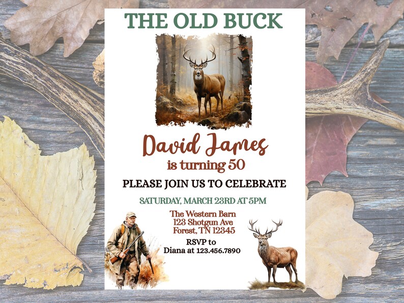 Old Buck Birthday Invitations Deer Birthday Invitation Deer Party Deer Birthday The Old Buck Any Age Hunting theme Invitation 50th Birthday image 1