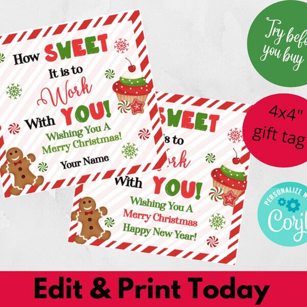 Christmas co-worker Gift treat Tags How sweet it is to work with you colleagues gifts employees gifts clients gifts Christmas treat tags
