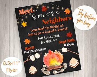 S'more Invitation Smore Block Party Neighborhood Party Bonfire Party Fall Harvest Invite Printable Invitation Family Reunion Event