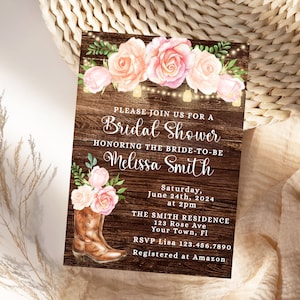 Rustic Cowgirl Bridal Shower Invitation Country Bridal Shower Country Boots Invitation Pink Blush Floral Fairy Lights Boot Country theme