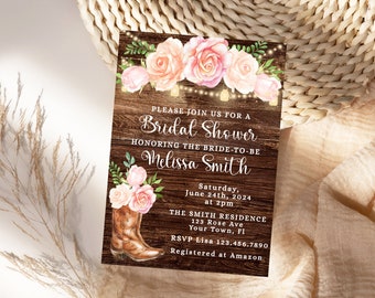 Rustic Cowgirl Bridal Shower Invitation Country Bridal Shower Country Boots Invitation Pink Blush Floral Fairy Lights Boot Country theme