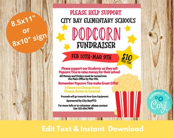 School Popcorn Fundraiser Flyer Printable PTA Flyer PTO Fundraiser Event School Church Popcorn Fundraiser Event Team Sports Charity Event