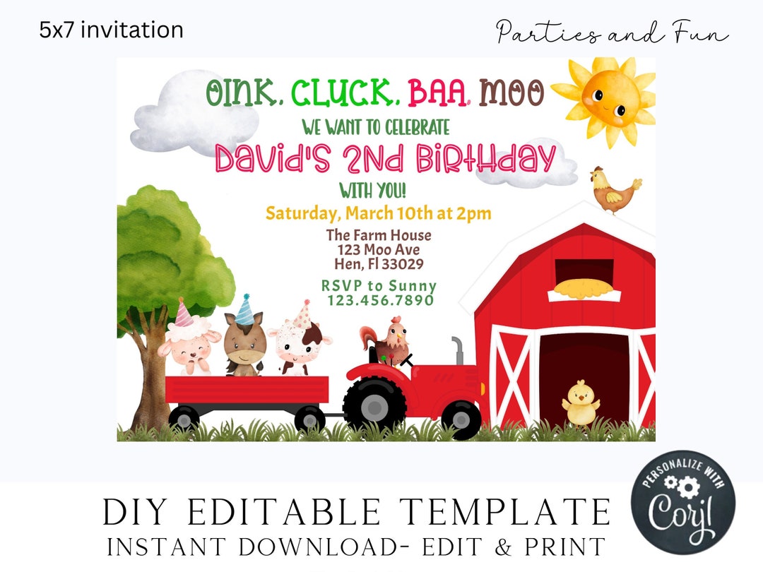 Editable Farm Birthday Invitation Farm Animals Birthday Invite Boy ...