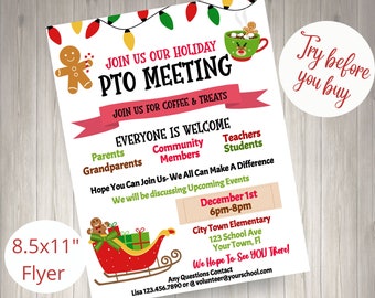 EDITABLE PTO Holiday Meeting PTA Meeting Informational Flyer Printable Handout School Fundraiser Event Volunteer Fall Handout Pta Flyer